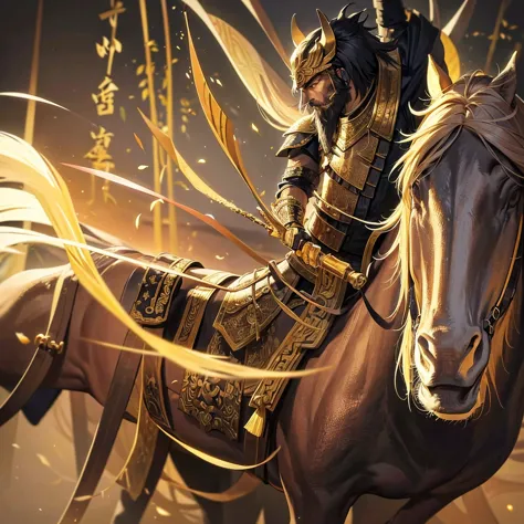 an ancient chinese warrior with wild beard, wearing gold armour, riding on black horse, using long chain weapon to launch attack...