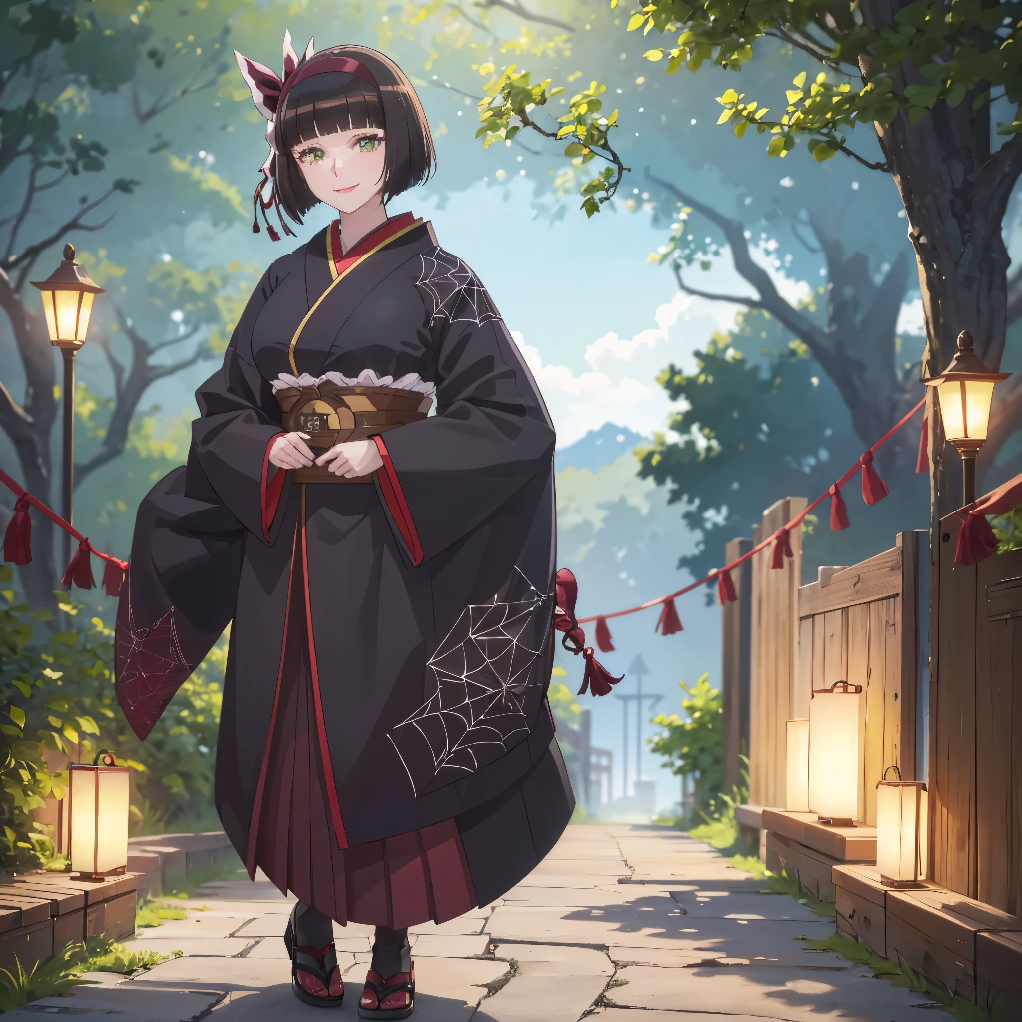 A woman wearing a traditional black kimono, with burgundy details, spider web details on the kimono, white stockings, walking on a wide road, with lots of spider webs in the trees, large breasts, green eyes, short black hair, burgundy bow over her hair, smiling, standing postured. UHD , prime work , accurate , anatomically correct , textured skin , super details , high quality , best quality, 8k, high resolution, bokeh effect. (woman alone)
