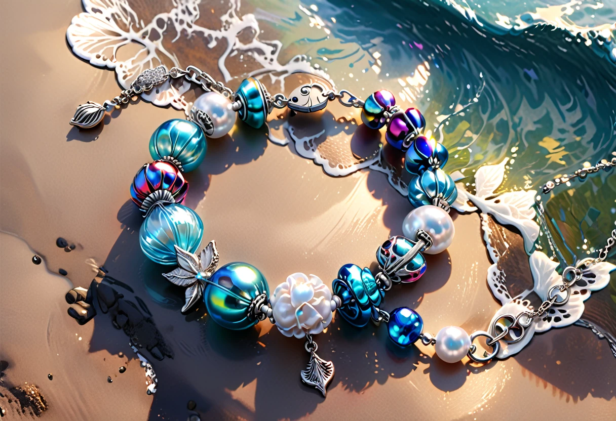 Ein glänzendes silbernes Armband, Charms mit maritimen Motiven, Perlen, transparente bunte Perlen, zarte dünne Kette, (beste Qualität, 4k, 8k, highres, Meisterwerk:1.2), ultra-detailliert, (realistisch, photorealistisch, photo-realistisch:1.37), kompliziertes Schmuckdesign, exquisite Handwerkskunst, shimmering metallic, vom Ozean inspiriert, iridescent Perlen, lebendige Farbtöne, zarte Filigranarbeit, elegantes Accessoire, weibliche Ästhetik, Nahaufnahme, Detaillierte Textur, Weicher Fokus, warmes Licht