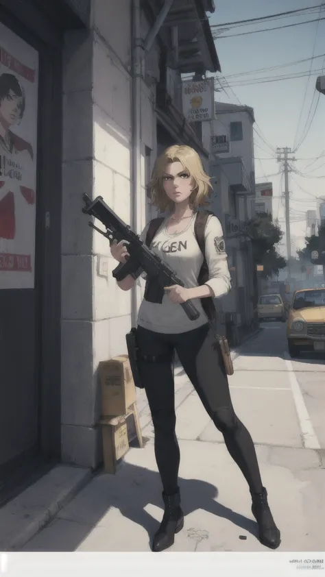 GTAV Loading Screen 2D Graphics, wide angle, whole body, blonde girl standing , holding a machine gun and a pitbull, shooting GT...