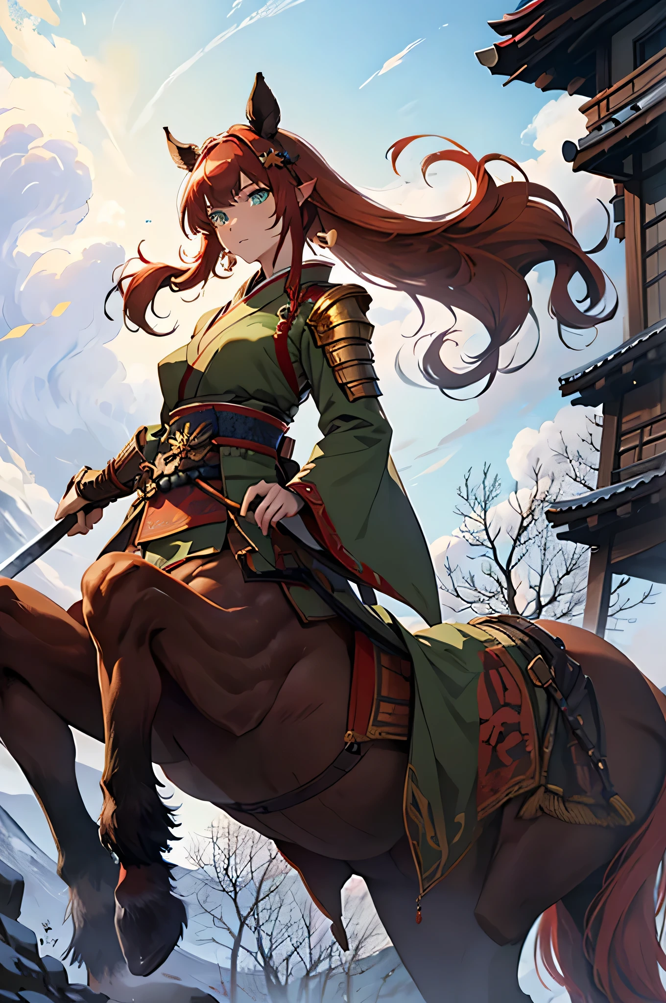 4K,High resolution,One Woman,centaur,Red Hair,long hair,Green Eyes,Brown fur,Samurai,White Samurai Armor,Full Armor,hair band,Jewelry decoration,Big Japan sword,Japanese Castle Town