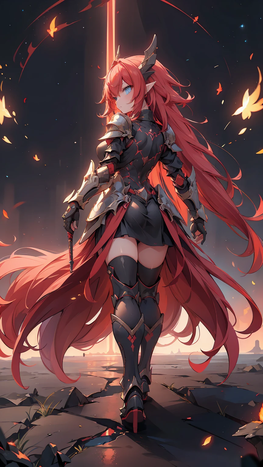 (masterpiece), (best quality), (high uqality), (8k), girl, (full-body), dragon armor, intricate details, red glow, short shilver hair, back messy hair, detailed hair strands, light blue eyes, dominance expression, walking in lesser caotic place as she rule the world, fire background, and dragons in the night sky, fierce aura, (high quality ilumination)
