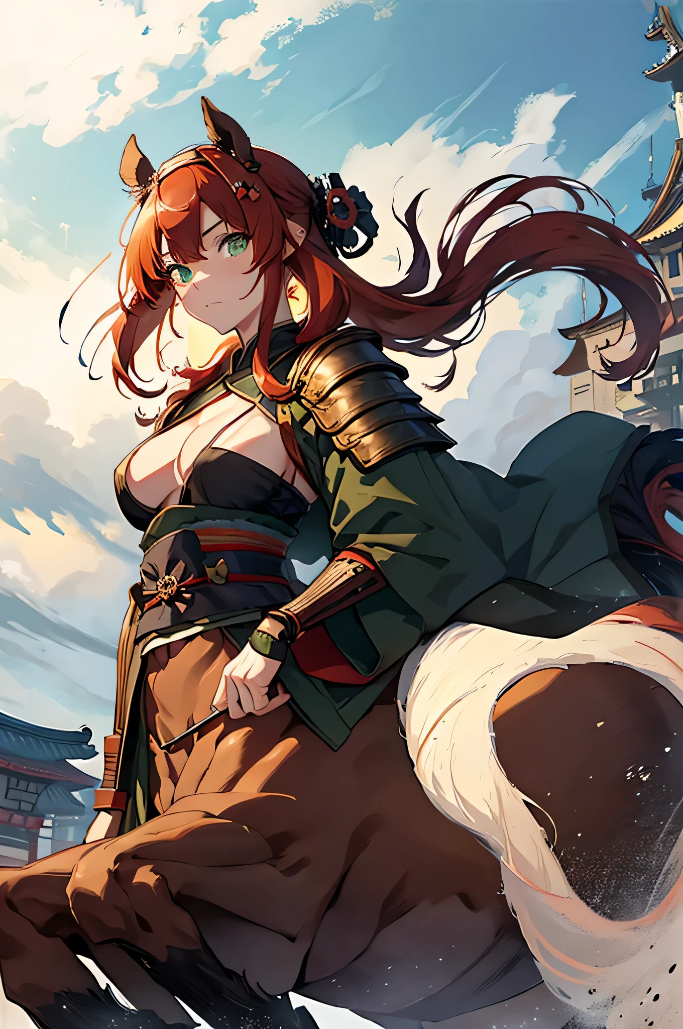 4K,High resolution,One Woman,centaur,Red Hair,long hair,Green Eyes,Brown fur,Samurai,白色のSamuraiの鎧,Full Armor,hair band,Jewelry decoration,Big Japan sword,Japanese Castle Town