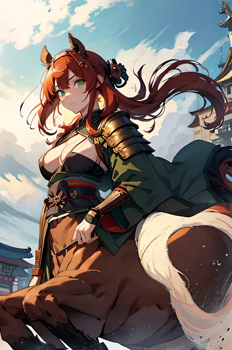 4K,High resolution,One Woman,centaur,Red Hair,long hair,Green Eyes,Brown fur,Samurai,白色のSamuraiの鎧,Full Armor,hair band,Jewelry d...