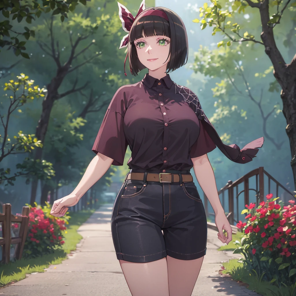 A woman wearing a casual burgundy shirt with a spider web design, with burgundy details, women's denim shorts, exposed thigh, walking on a wide road, with lots of spider webs in the trees, large breasts, green eyes, short black hair, burgundy bow over her hair, smiling, standing upright,UHD , prime work , accurate , anatomically correct , textured skin , super details , high quality , best quality, 8k, high resolution, bokeh effect. (woman alone)

