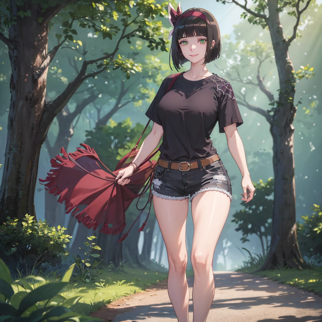 A woman wearing a casual burgundy shirt with a spider web design, with burgundy details, women's denim shorts, exposed thigh, walking on a wide road, with lots of spider webs in the trees, large breasts, green eyes, short black hair, burgundy bow over her hair, smiling, standing upright,UHD , prime work , accurate , anatomically correct , textured skin , super details , high quality , best quality, 8k, high resolution, bokeh effect. (woman alone)

