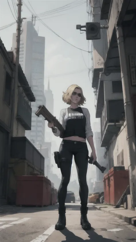 GTAV Loading Screen 2D Graphics, wide angle, whole body, blonde girl standing , holding a machine gun and shooting, GTA5 charact...