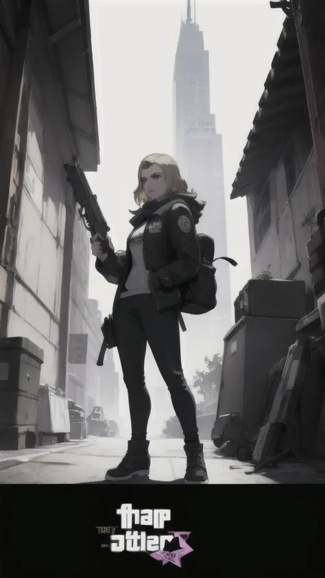 GTAV Loading Screen 2D Graphics, wide angle, whole body, blonde girl standing , holding a machine gun and shooting, GTA5 charact...