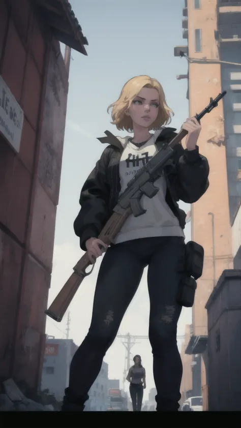 GTAV Loading Screen 2D Graphics, wide angle, whole body, blonde girl standing , holding a machine gun and shooting, GTA5 charact...