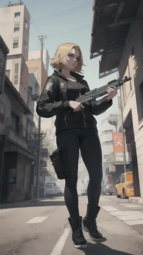 GTAV Loading Screen 2D Graphics, wide angle, whole body, blonde girl standing , holding a machine gun and shooting, GTA5 charact...