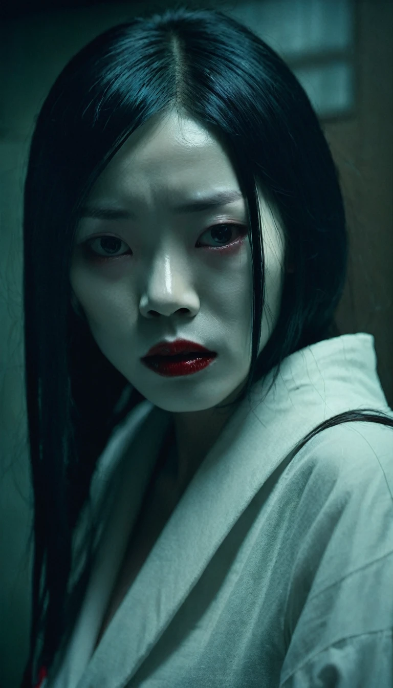 Woman with red sores on her mouth, kuchisake-onna, Detailed facial features, Fine grain, Detailed nose, Detailed lips, Long black hair, Pale skin, Wear a surgical mask, Horror, Dark mood, Chiaroscuro lighting, Structure of the film, Dramatic lighting, Gloomy atmosphere, Dark fantasy