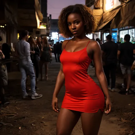 19-year-old woman LaGermania, dark skin, short curly hair down to her shoulders, dressed in a red minidress, clubbing outfit, ap...