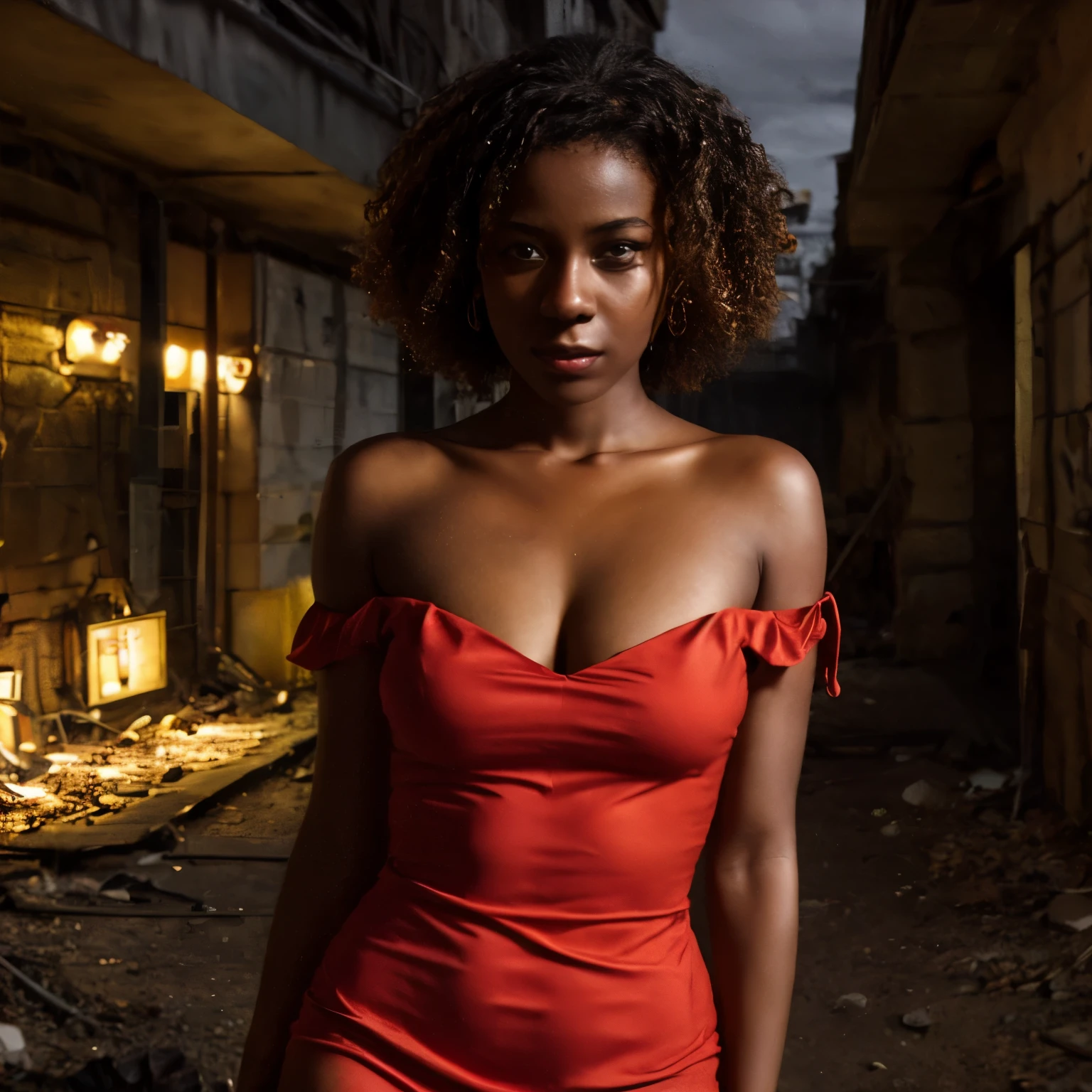 19-year-old woman LaGermania, dark skin, short curly hair down to her shoulders, dressed in a red minidress, clubbing outfit, apocalyptic wasteland, daytime, good lighting, desert, rusted hulks