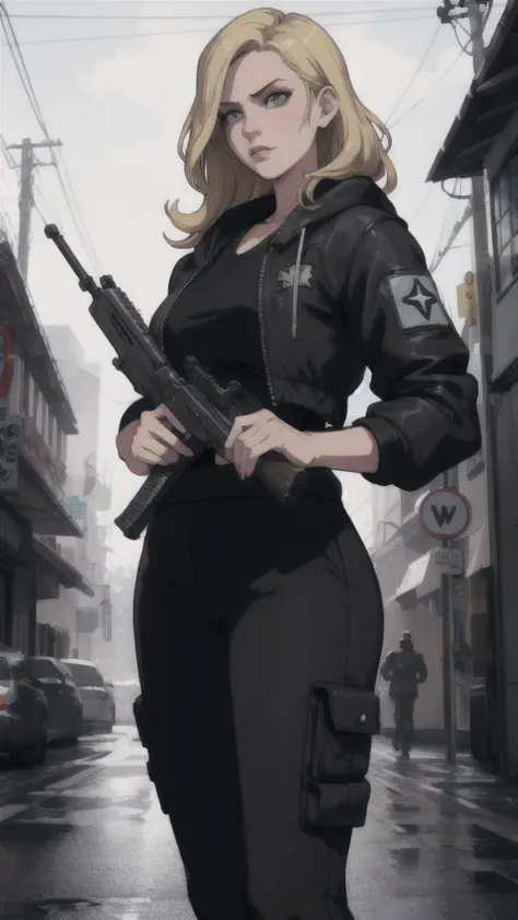 GTAV Loading Screen 2D Graphics, wide angle, whole body, blonde girl standing , holding a machine gun and shooting, GTA5 charact...