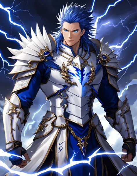 high-ranking male character in the nobility, slightly muscled, wears light and simple white armor with black and blue details, h...