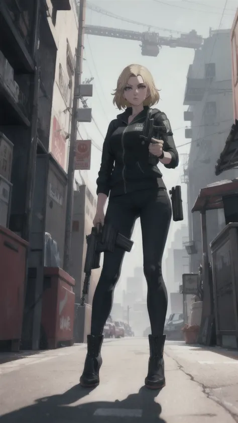 GTAV Loading Screen 2D Graphics, wide angle, whole body, blonde girl standing , holding a machine gun and shooting, GTA5 charact...