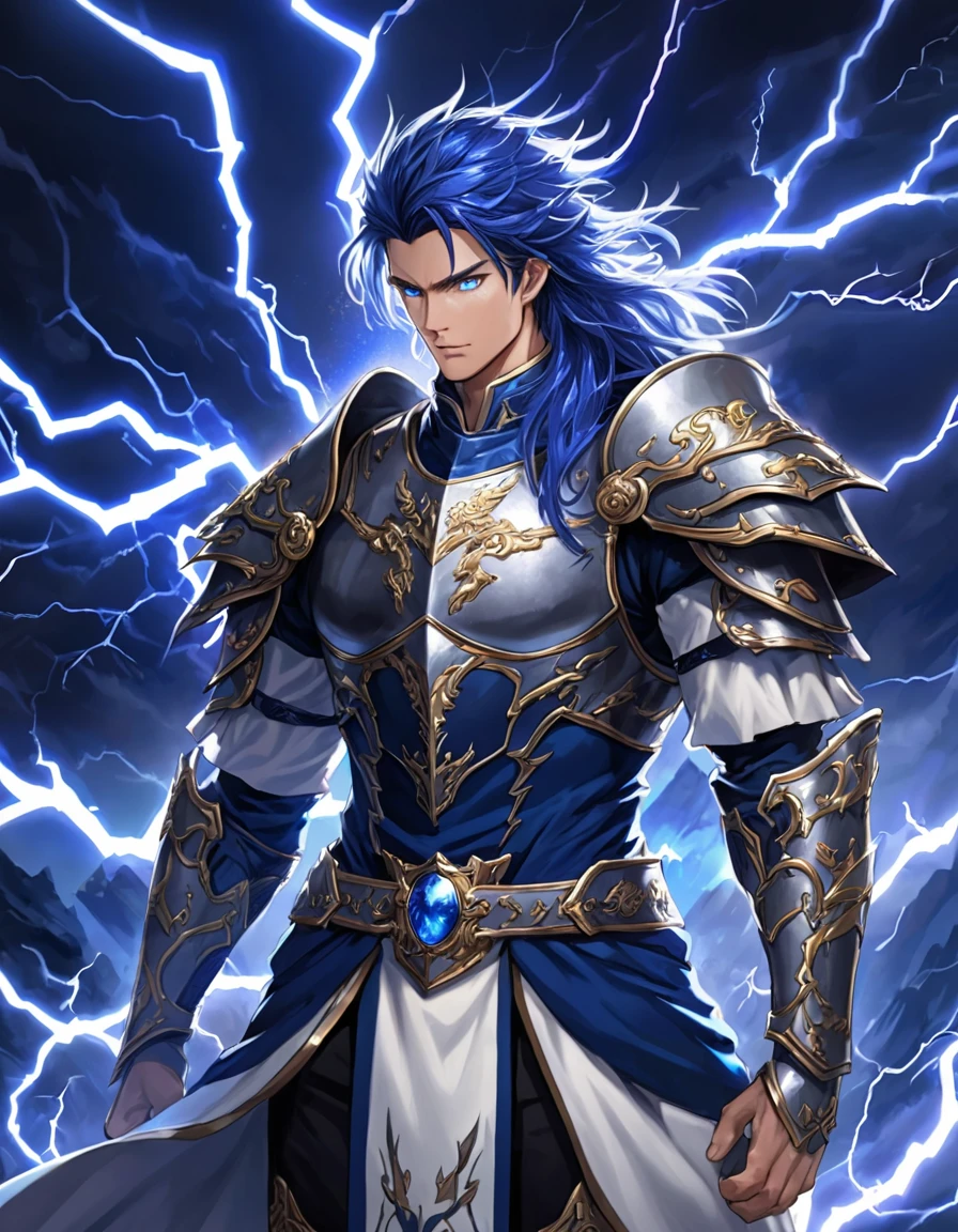 high-ranking male character in the nobility, slightly muscled, wears light armor, has deep blue eyes like an eagle, your hair is dark blue and is medium length, appears to be a very strong and important warrior, lightning storm aura