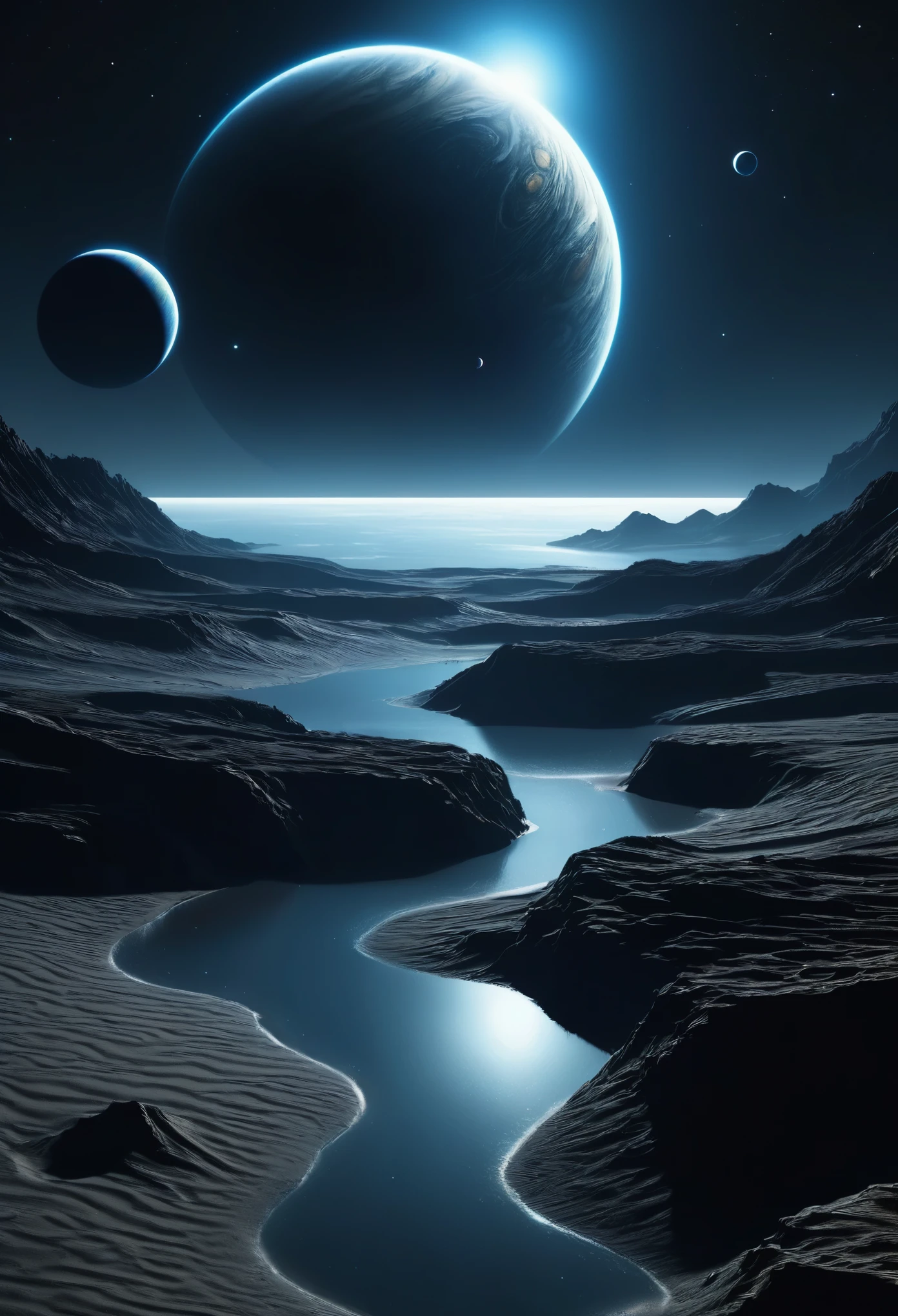 создайте вид черной дыры, окруженной светом, и двух маленьких темно-серых газообразных планет вдали от плотной атмосферы, наложенных в ночном космическом пространстве, в верхнем углу темного изображения, видимого далеко через темную плотную поверхность песчаной планеты с только песок на поверхности и темно-синяя вода, отражающая ночное небо в стиле киберпанк, космос темный и из-за плотной атмосферы можно увидеть только освещенную часть одной стороны планет, полная темнота, темный горизонт, полутень, максимально реалистично, солнце за кадром, имеет горизонтальное и невысокое здание с освещенными окнами, Это&#39;небольшое здание на скале,
