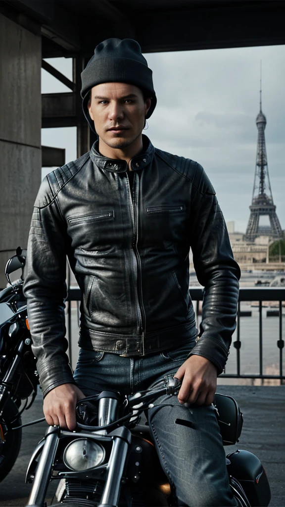 Stop on action, exposed, cinematic 3D matte paint render featuring a man, clear face, wearing Beanie, shirt, leather jacket and jeans, sitting on his big Harley Davidson motorcycle, Eiffel tower background. best quality, 800dpi resolution, photorealistic