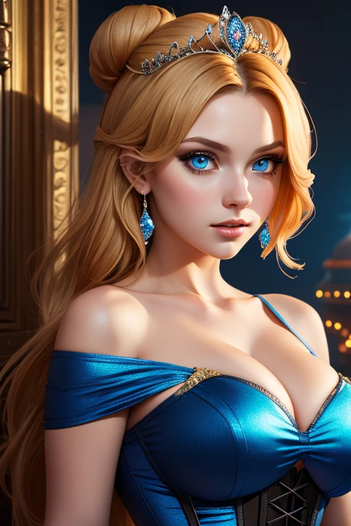 ((Best quality)), ((Masterpiece)), (detailed), perfect face perfect figure, Fantasy Style, Fantasy Environment, palace background, 26 year old, Scandinavian woman, Princess, Golden hair, long hair bun-like hairstyle, bright blue eyes, pale skin, large breasts, buxom chested, tight blue dress, corset, off shoulder, cleavage, diamond tiara, high resolution, (ultra-detailed), (best illustration), (best shadow), (absurdres), (perfect hands, perfect anatomy), (4k textures), epic artistic, sharp focus, even lighting, insane details, intricate details, hyperdetailed, rich colors,
