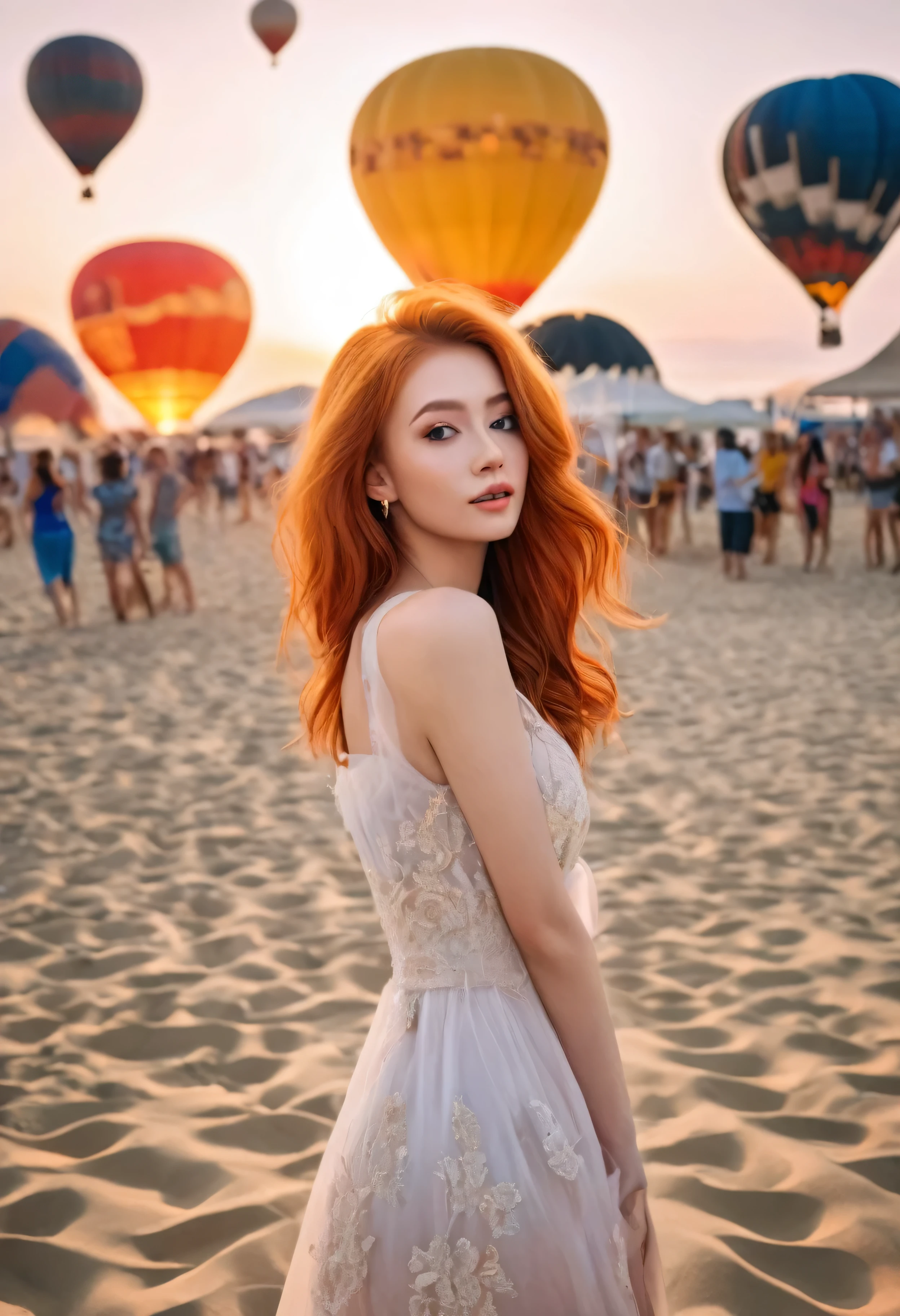 (best quality, 4k, Masterpiece, Ultra detailed, RAW), Perfect model with orange hair, beautiful face, makeup, Beautiful body, nice abdomen, standing with perfect legs open, dress, beach, sunset behind her , hot air balloons in the sky.