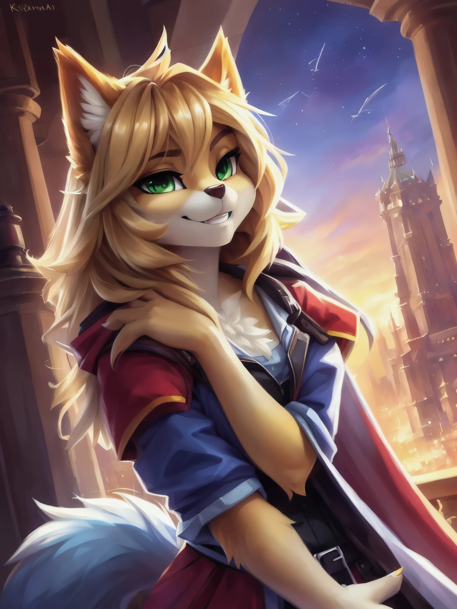 A beautiful and detailed (sweet portrait) wa, Star Fox, sslim, lovable, green eyes, medium breasts, (((Long castanho hair 1.3))), Decollete, anthro, furry, Uploaded E621, detailed fluffy fur, (wa Fluff-Kevlar, Bayard Wu, personalize me, Pino Daeni), detailed face, (fluffy), 1 girl,  alone, 