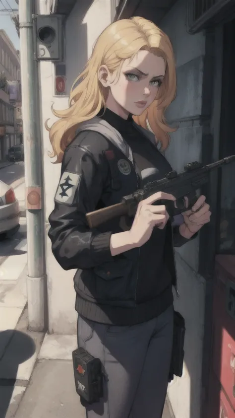 GTAV Loading Screen 2D Graphics, wide angle, whole body, blonde girl holding a machine gun and shooting, GTA5 character, cinemat...