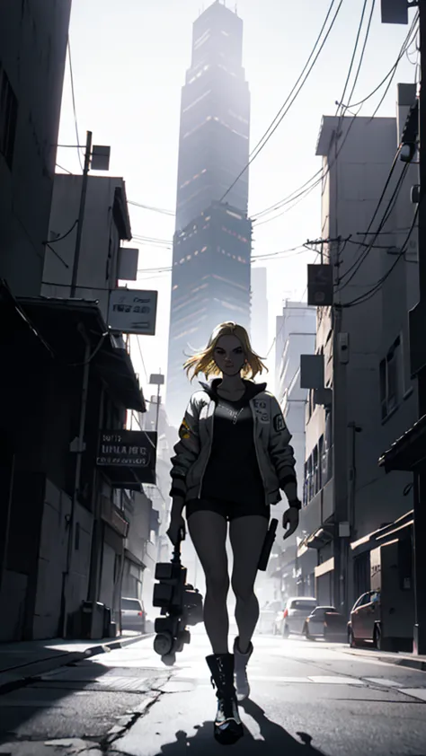 GTAV Loading Screen 2D Graphics, wide angle, whole body, blonde girl holding a machine gun and shooting, GTA5 character, cinemat...