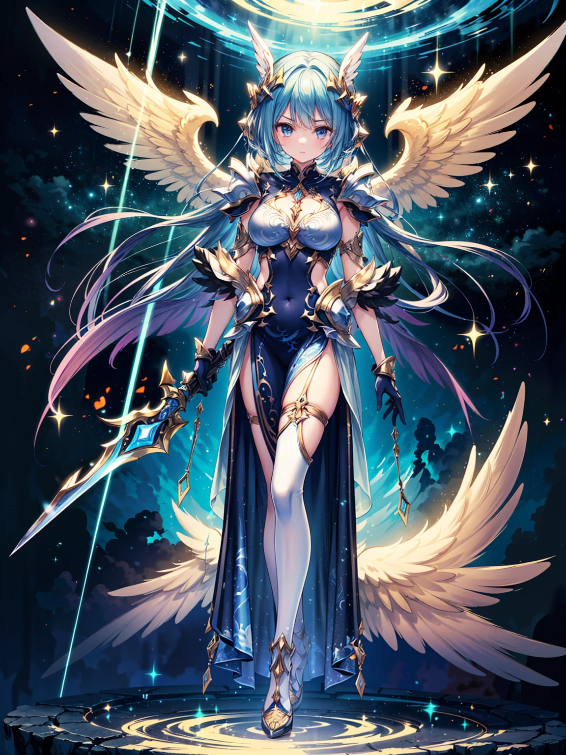 (((masterpiece, best quality, high detailed, 8k))) Design a layout showcase Gaming character, (1girl). White+Gold angelic armor, stylish and unique. ((weapon:1.4)), enchanted staff. (masterpiece:1.2), (best quality), 4k, ultra-detailed. (luminous lighting, atmospheric lighting). angelic warrior, ((six wings)), ((glove full hands)), (((revealing clothes:1.3))), vambraces, armored legwear, (((full_body_shot:1.4))). {In a celestial realm}.