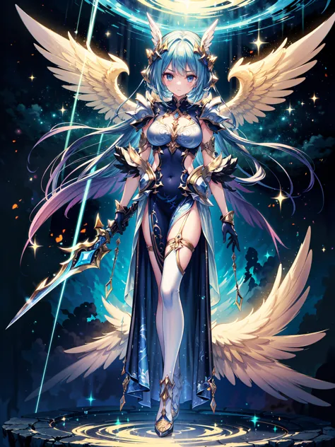 (((masterpiece, best quality, high detailed, 8k))) Design a layout showcase Gaming character, (1girl). White+Gold angelic armor,...