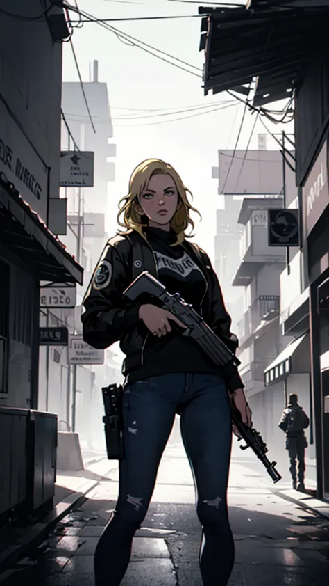 GTAV Loading Screen 2D Graphics, wide angle, whole body, blonde girl holding a machine gun and shooting, GTA5 character, cinemat...