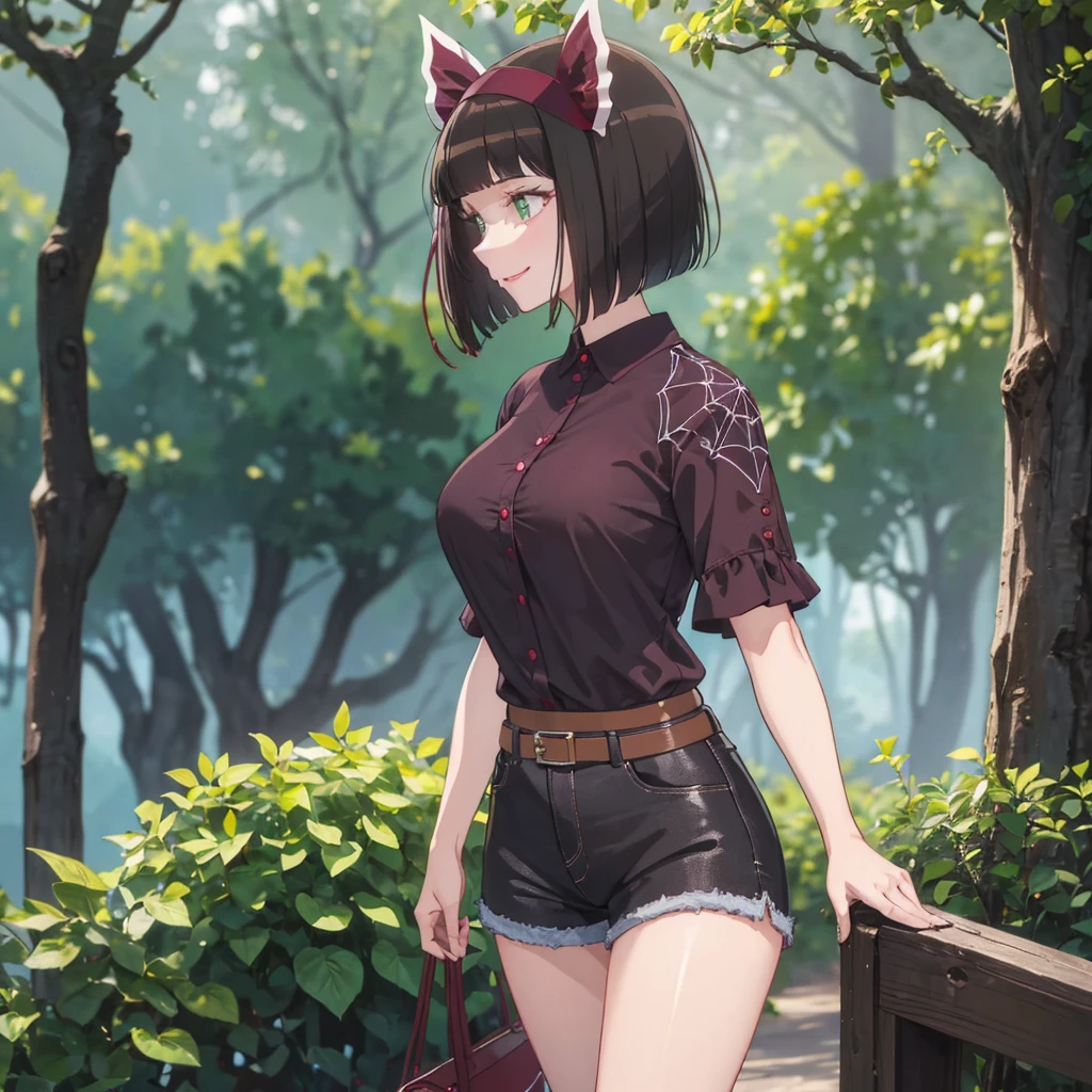 A woman wearing a casual burgundy shirt with a spider web design, with burgundy details, women's denim shorts, exposed thigh, walking on a wide road, with lots of spider webs in the trees, large breasts, green eyes, short black hair, burgundy bow over her hair, smiling, standing upright,UHD , prime work , accurate , anatomically correct , textured skin , super details , high quality , best quality, 8k, high resolution, bokeh effect. (woman alone)

