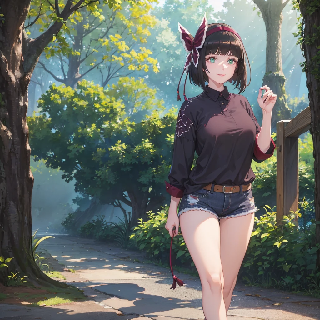 A woman wearing a casual burgundy shirt with a spider web design, with burgundy details, women's denim shorts, exposed thigh, walking on a wide road, with lots of spider webs in the trees, large breasts, green eyes, short black hair, burgundy bow over her hair, smiling, standing upright,UHD , prime work , accurate , anatomically correct , textured skin , super details , high quality , best quality, 8k, high resolution, bokeh effect. (woman alone)

