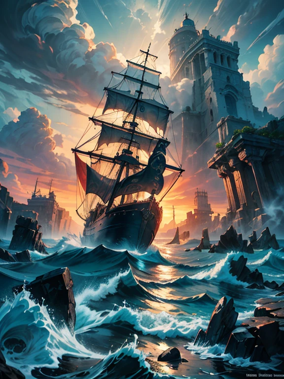 Surreal art of a pirate ship in the middle of a sea storm of large waves, ancient column, immersed in abstraction, stormy sea waves, rises in the stormy air, as the spectacular setting sun colors the sky. with red clouds, Dark clouds intertwine with lightning and light drizzle., Masterpiece in watercolor style with lightening effect, creating a stormy sky, ancient greek city blurred in the distance, ancient city in the fog, the lighthouse is shining, lighthouse illuminates the sea, old galleon ship, storm victim, artistic realistic oil painting,