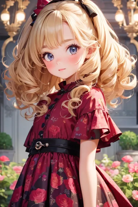 Highest quality, girl，10 year old cute girl , blonde, Curly Hair, evil girl，Floral Dress