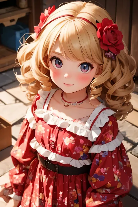 Highest quality, girl，10 year old cute girl , blonde, Curly Hair, evil girl，Floral Dress