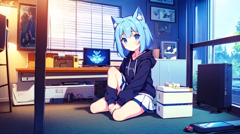 1 beautiful girl, great image quality ,nekomimi, with lots of detail, ray tracing, in a gaming,outfit hoodie, short pleated mini...