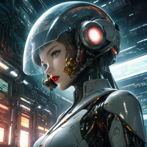 Close-up of a woman with a futuristic helmet and red lipstick, Cyberpunk Jackie Wells, cgsociety 9, style = retrofuturism, Beaut...