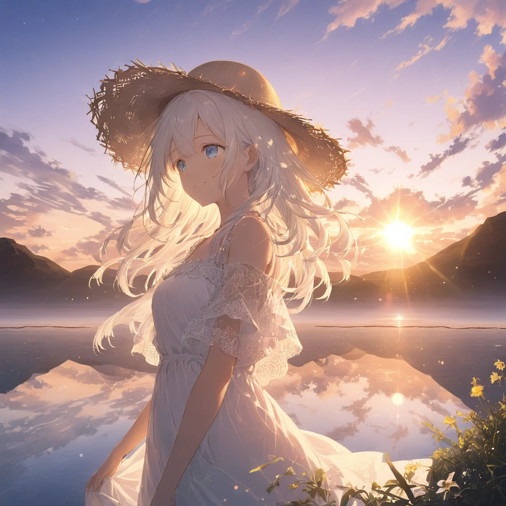 1 girl in a serene garden, extremely detailed, (beautiful glow), lens flare, white hair, short hair, flowing hair, contemplative, behind her, smiling, blue eyes, white dress, medium bust, upper body, wide shot, straw hat, ((Salar de Uyuni)), sunrise, clouds, backlit, purple sky, yellow sky, gradient sky, hand on hat