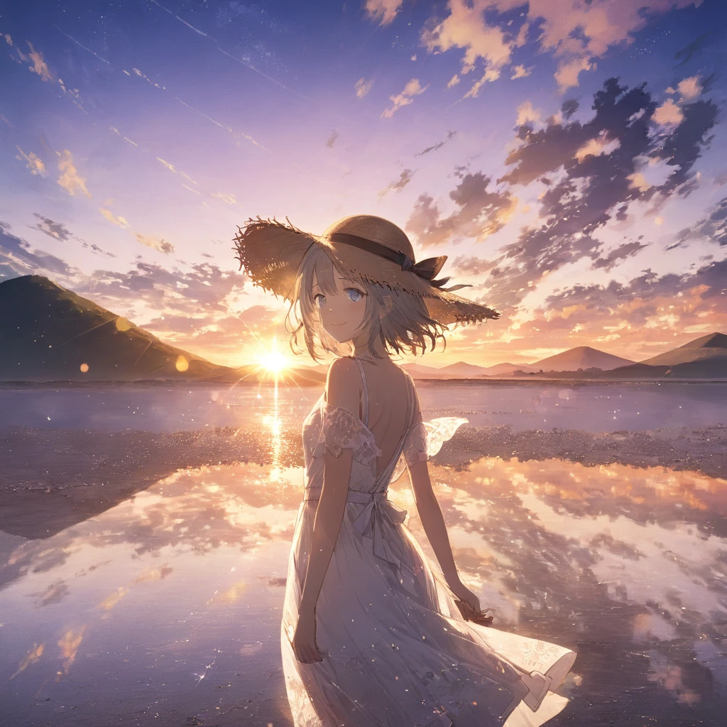 One girl, masterpiece, Very detailed, (Beautiful sparkle), Lens flare, Gray Hair, short hair, Floating Hair, Recall, Behind the back, smile, blue eyes, White Dress, Medium chest, Upper Body, Wide Shot, Straw hat, ((Uyuni salt lake)), sunrise, cloud, Backlight, Purple Sky, Yellow Sky, Gradient Sky, put your hand on the hat