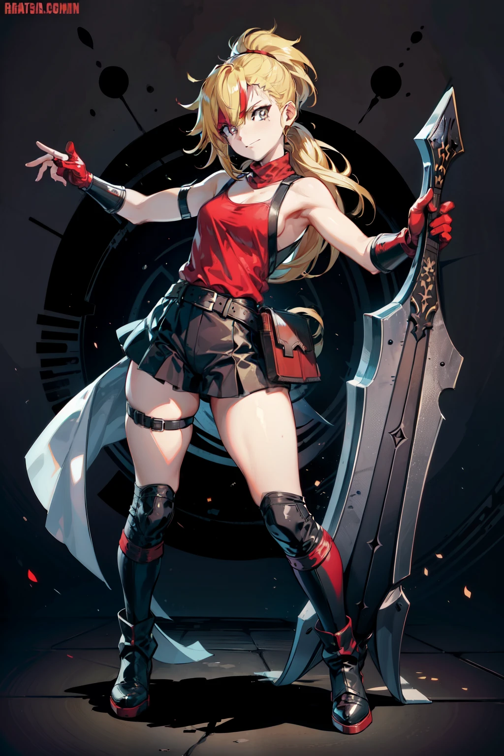 (masterpiece, best quality:1.2), red glowing eyes, red eyes, the eyes are red, perfect face, , strong make up, highres, 1 girl, solo, ultra long ponytail, (female:1.5), strife, blonde hair, shoulder armor, sleeveless turtleneck, suspenders, belt, gloves, bracer, evil smile, standing, portrait, looking at viewer, giant sword on the back, long leather boots, fullbody shot