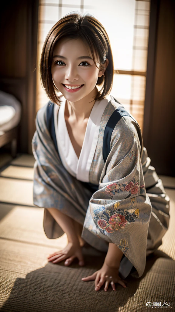 (8k, RAW photo, best quality, perfect anatomy, masterpiece:1.2), (realistic, photo-realistic:1.4), (extremely detailed 8k wallpaper), sharp focus, professional lighting, depth of field, cinematic lighting, 25 years old Beautiful and cute japanese actress, smile, wearing a traditional Japanese kimono, Crouching