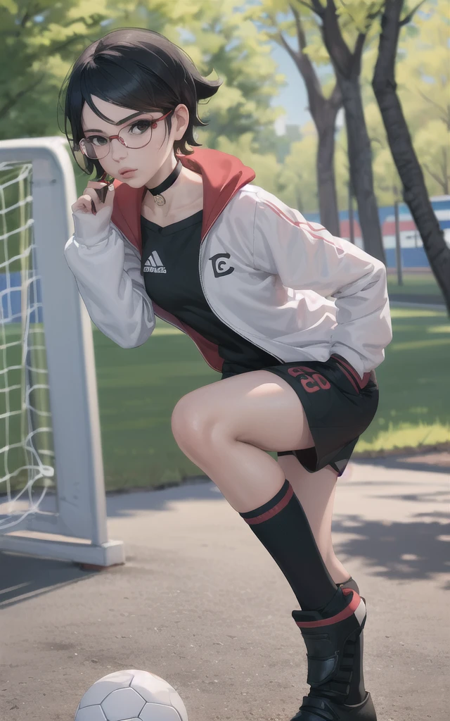 BARUTO_Timeskip_Uchiha_Sarada_ownwaifu, hand in pocket, 
1 girl, glasses, round glasses, black hair, black eyes, bangs, swept bangs, short hair, lips, medium breasts, thighs,
black choker, soccer sweater, red and black long-sleeved sweater, black shorts, black and red soccer clothes, black cleats, soccer leg tights, soccer socks, 
((masterpiece)),((best quality)),(high resolution), bokeh, depth of field, landscape, focus, focused, looking at viewer, alone,