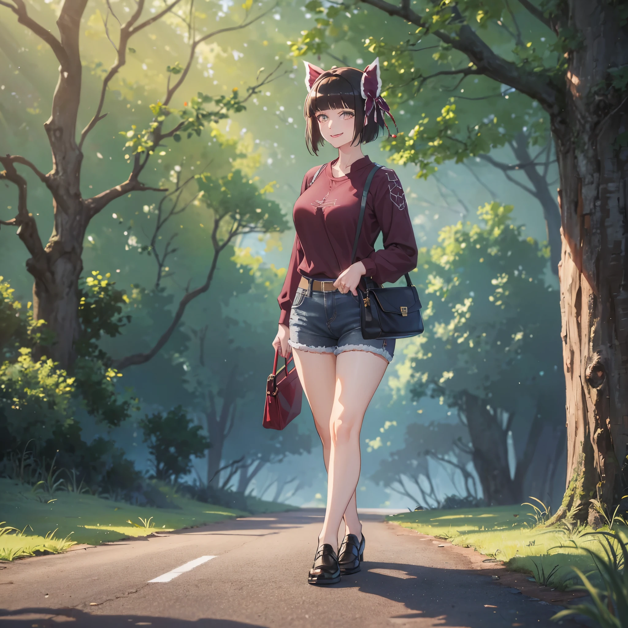 A woman wearing a casual burgundy shirt with a spider web design, with burgundy details, women's denim shorts, exposed thigh, walking on a wide road, with lots of spider webs in the trees, large breasts, green eyes, short black hair, burgundy bow over her hair, smiling, standing upright,UHD , prime work , accurate , anatomically correct , textured skin , super details , high quality , best quality, 8k, high resolution, bokeh effect. (woman alone)

