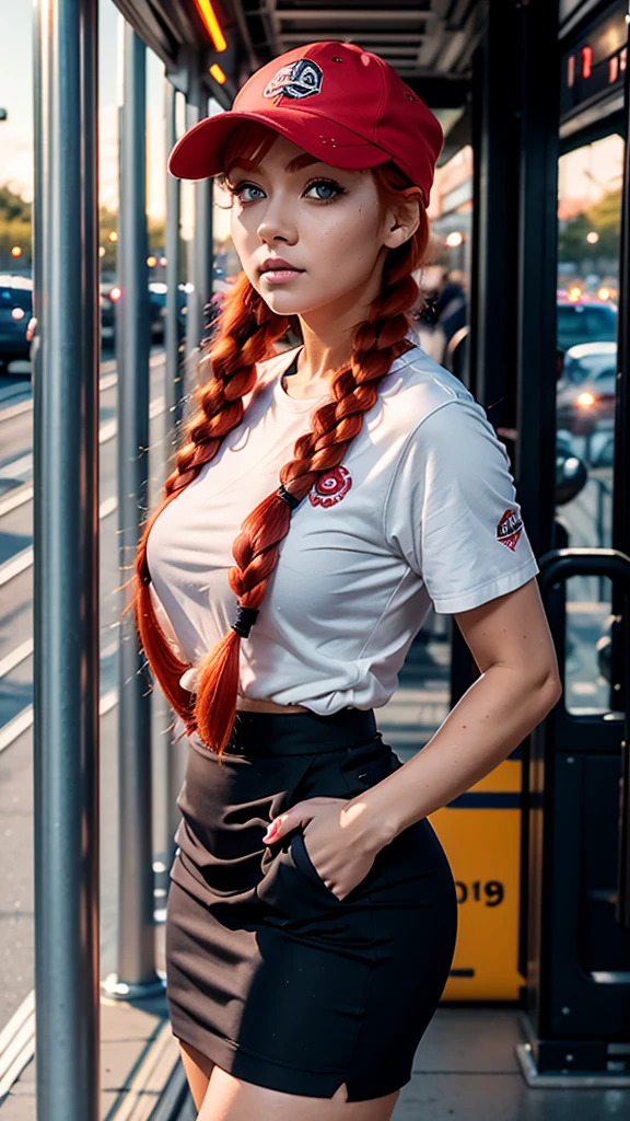 1fille, seulement, cheveux roux, les yeux rouges, Twintails, uniforme d&#39;employé, jupe crayon, Impression de crâne, casquette marine, ciel orange,, En plein air, Gare, debout devant le bus,, 