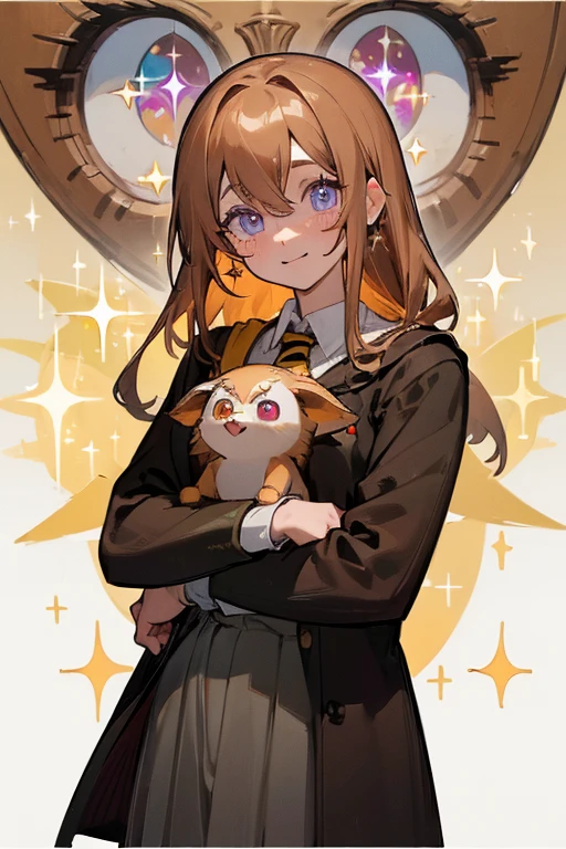 ((, Masterpiece: 1.5, best quality, high resolution: 1.3, super resolution, super detailed, ultra detailed: 1.3, Perfect Anatomy: 1.5, 1 woman ) tanned skin + long brown hair + light blue eyes + long eyelashes + female figure + freckled cheeks (hogwarts uniform, Hufflepuff colors) ((open eyes, friendly cute expression, sparkle in eyes))