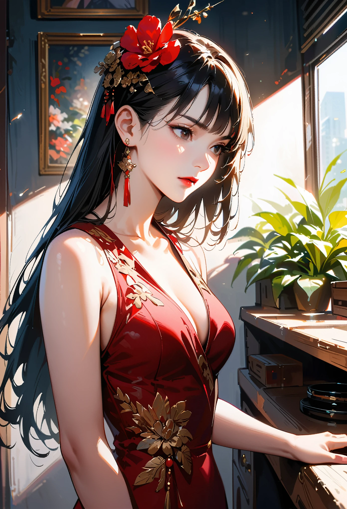 1girl, 独奏, long hair, black hair, hair ornament, dress, bare shoulders, jewelry, collarbone, upper body, flower, earrings, indoors, hair flower, black eyes, lips, red dress, realistic, red lips，(Best of quality at best,4K,8K,high resolution,tmasterpiece:1.2),Extremely detailed,(current,currentally,currentally:1.37),Perfect of female gender body,Slim waist,Detail fingers,Slender legs,frown,Face red,Tension,Gender,Beauty of_Face, Photos of Fabao Deshi, tmasterpiece, RAW photos, Studio light, Best of quality, (Detailed Faces, Refined skin texture, Extremely detailed),current,(8K, RAW photo, Best of quality, masterpiece:1.2), (photocurrent, current:1.4), (200mm Sigma f/1.2 Zeiss lenses, f1.2, 1/200s, ISO 100, photograpy:1.4), (professional Lighting, Light, soft Lighting, Bright:1.2), Exquisite, Extremely detailed, Beauty of, extremely detailed eyes and Face,,depth_of_Place,Sports_Blur of,bokeh,photo_(Medium),photo_background,photocurrent, floral pattern, Bright skin, Fascinating Light, decorate, Natural Light, shallow depth of Place, Romantic environment, Dreamy soft tones, Peculiar details, Photographed in,
