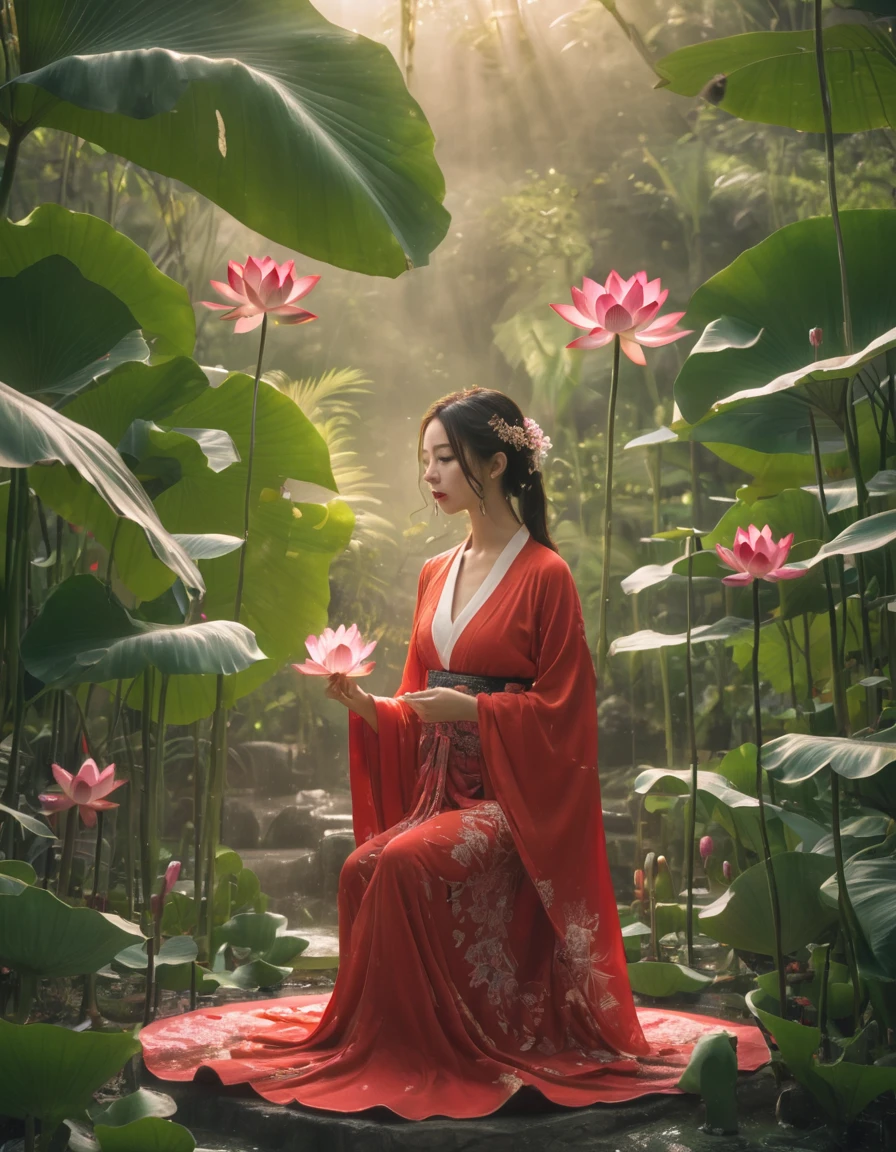 Full-body photo of a courtesan in lotus position，Praying with palms together、Anatomically correct,born, Cinematic shots, (Sharp focus:1.5), (Realistic:1.4), dusk lighting, Volumetric lighting, Ultra-high resolution, 16K,Dramatic lighting, Abstract background：1.5）（Tangleた，Datura stramonium，Holding a heart light in your hand、Tangle，Intertwined：0.7）witch，Red kimono, Foxfire spells, conversion, Depth of written boundary, A fantastic atmosphere, The most beautiful form of chaos, Elegance, Fauvist Design Dark Theme, flowers of death, flowers of ecstasy，Glowing Lines,Glow Example，Tracking example，flash， Backlight，translucent，Particles of light,hill，exit