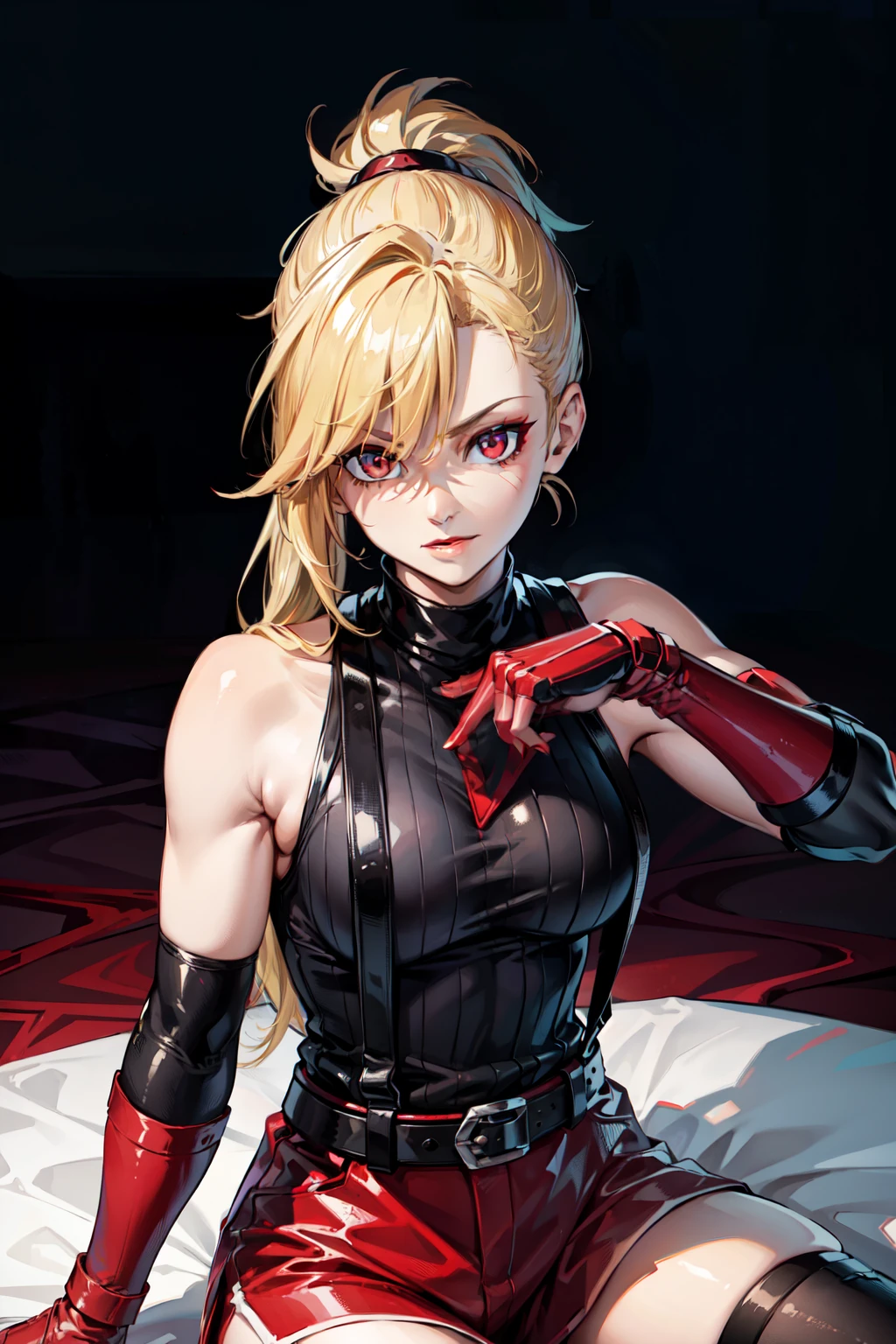 (masterpiece, best quality:1.2), red glowing eyes, red eyes, the eyes are red, perfect face, , strong make up, highres, 1 girl, solo, ultra long ponytail, (female:1.5), strife, blonde hair, shoulder armor, sleeveless turtleneck, suspenders, belt, gloves, bracer, evil smile, evil pose, sitting, portrait, looking at viewer, 