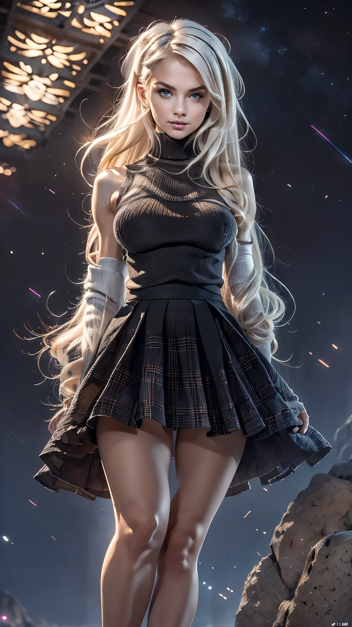 (((masterpiece:1.4, Best Quality:1.4, 8K,))), ultra high res, Physically Based Rendering, Portrait, ultra Beautiful Sexy Woman, 24yo, Detailed large eyes, detailed thin eyebrows, Highlights in the eyes, no makeup, (white hair, Long straight hair with curled ends, hair behind ears, Hair flying in the strong wind), Highly detailed facial and skin texture, Clear focus:1.2, perfect style body, Slender beauty:1.4, ((gigantic breasts:1.7)), Slim abs, narrow waist, Clear facial features, (smile), (sleeveless turtleneck black sweater:1.5, cropped, underboob:1.2, plaid pleated miniskirt:1.4, skirt lift:1.8, black stockings:1.2, no panties:1.4), slim and long beauty legs, ((standing with spread legs:1.4)), (detailed beautiful pussy exposed:1.4, pubic hair:1.5, cum in pussy:1.6),  looking at viewer, ((night view scenery, starry skies:1.4, backlit)),